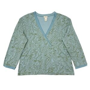 J Jill Babydoll Wrap Top Size Medium Green Blue Paisley Long Sleeve Y2K Ribbed